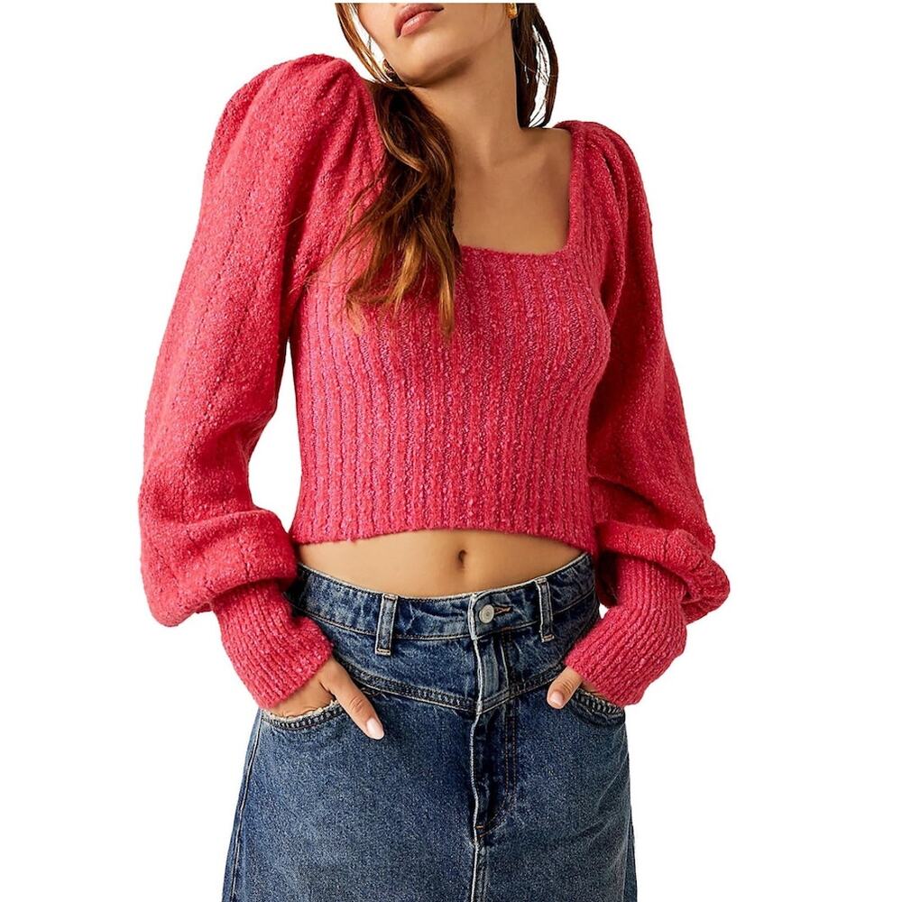 Free People Katie XS Pink Ribbed Cropped Knit Sweater Soft Cozy Puff Sleeve